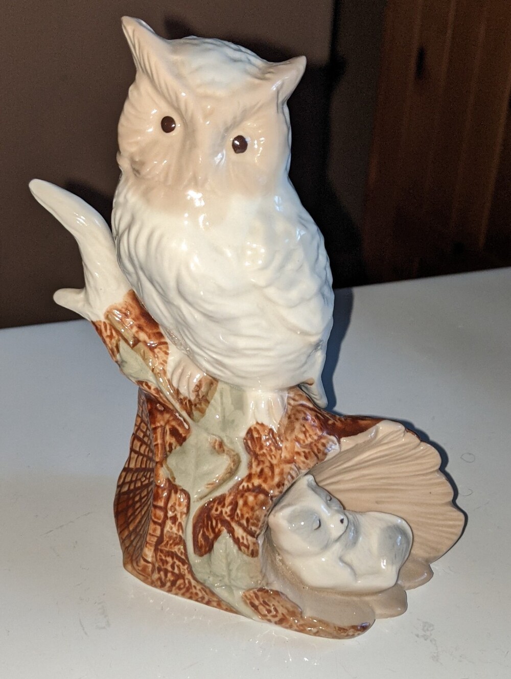 🦉 Vintage Ceramic Owl On A Log With Pup Figurine